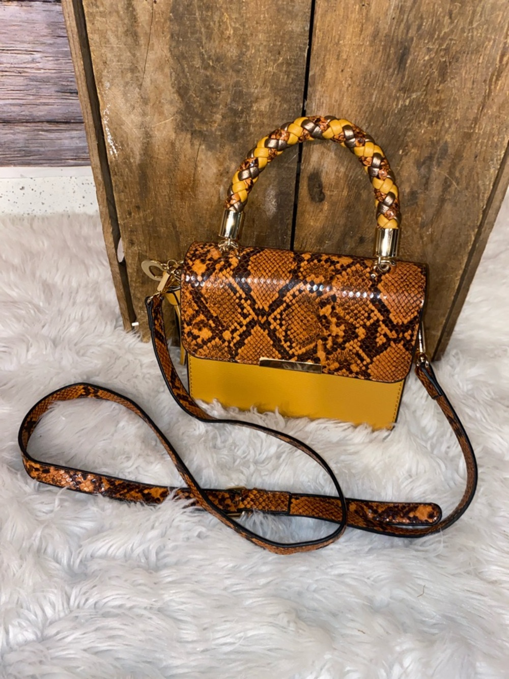 Mustard Snake-Print Top-Handle Crossbody Bag - Picture 2 of 7